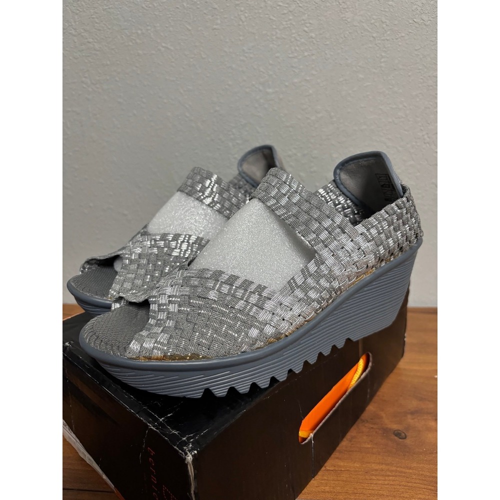 Bernie Mev Hallie Silver Grey Woven Wedge Sandals Size 38 US 7.5-8